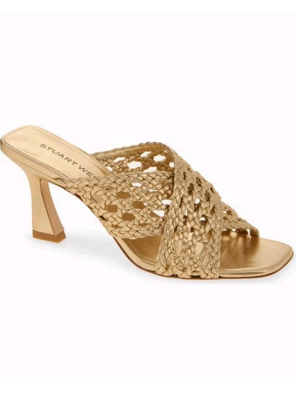 NIB Stuart Weitzman Thea Slide Heel 75 Sandal Woven Metallic Gold SZ 6.5 37